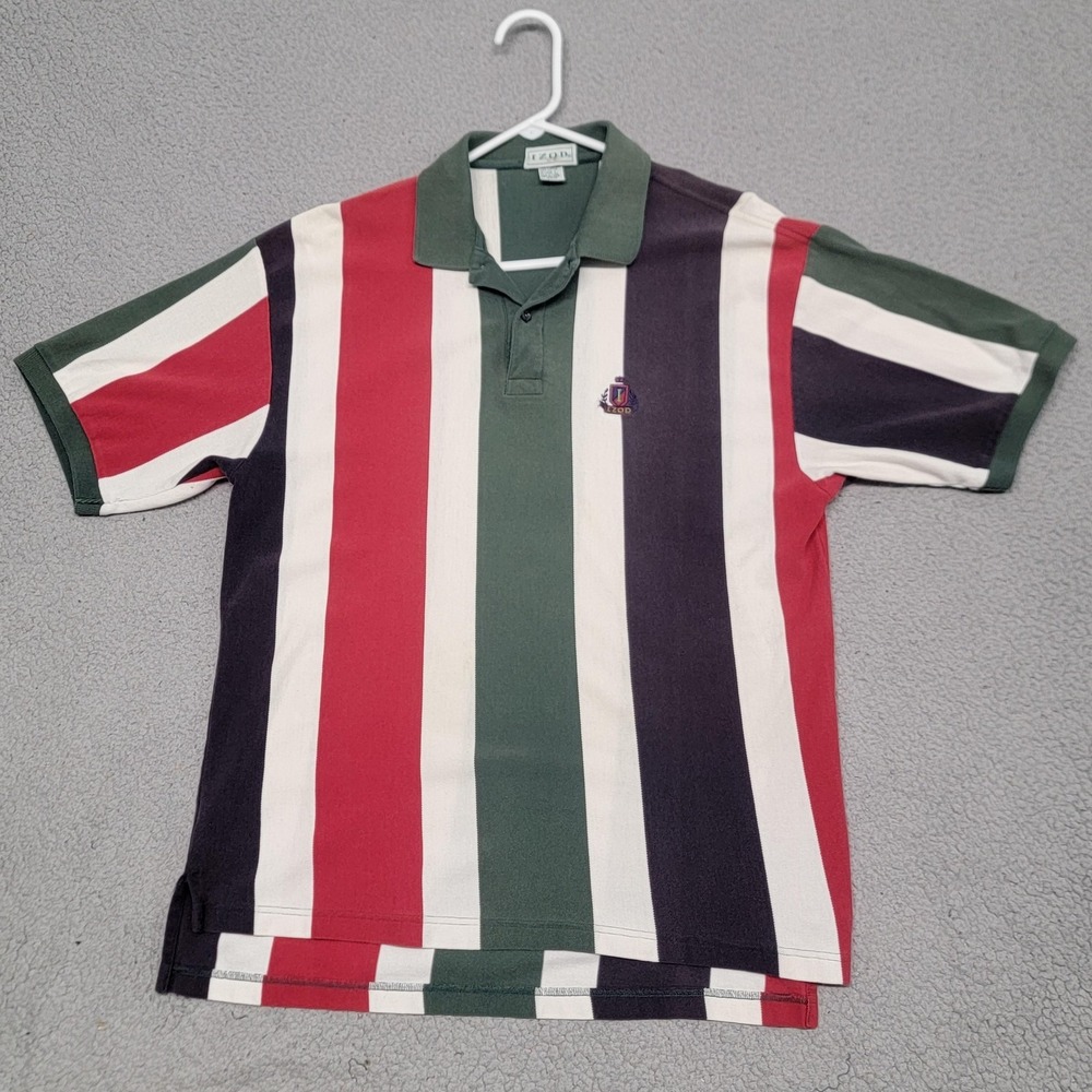 Vintage‎ IZOD Polo Shirt Mens Large Multicolor Vertical Stripe Crest Logo Knit